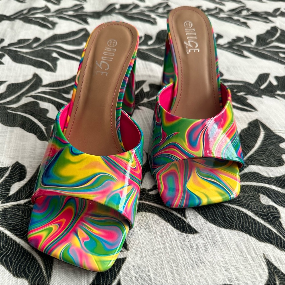 Multi-Colored Slide on Rouge Helium Chunky Heels | Size 11